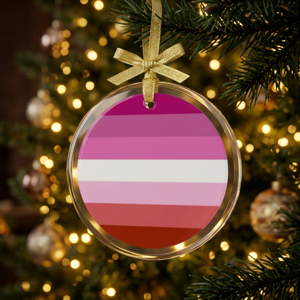 Round clear glass holiday ornament with the lesbian pride flag colors in the middle hanging on a christmas tree with lights
