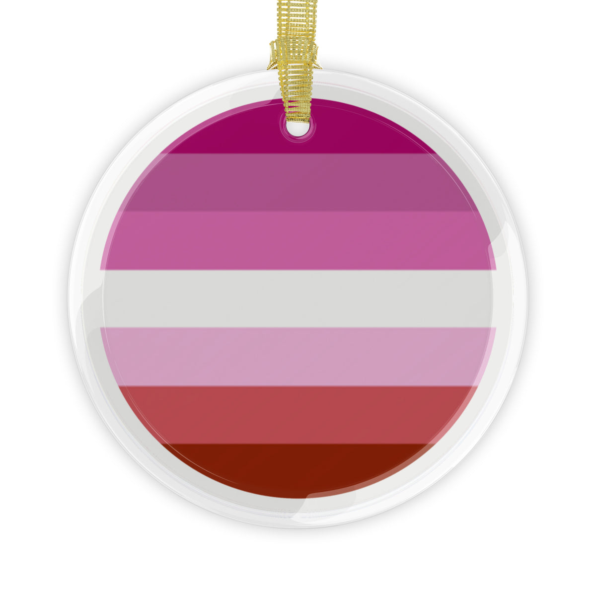 Round clear glass holiday ornament with the lesbian pride flag colors in the middle with a gold ribbon hanger