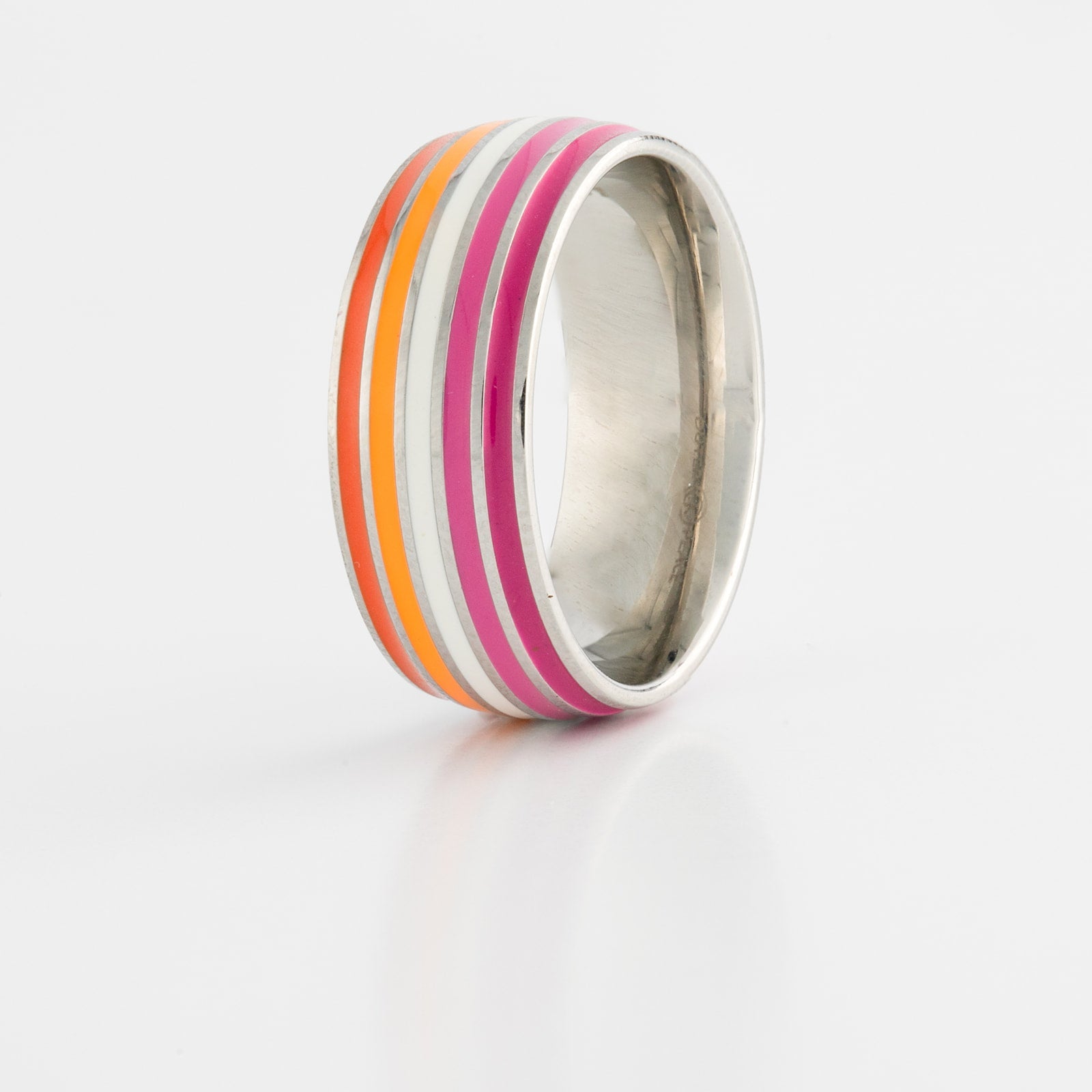 Silver Ring with lesbian pride stripes on a white background