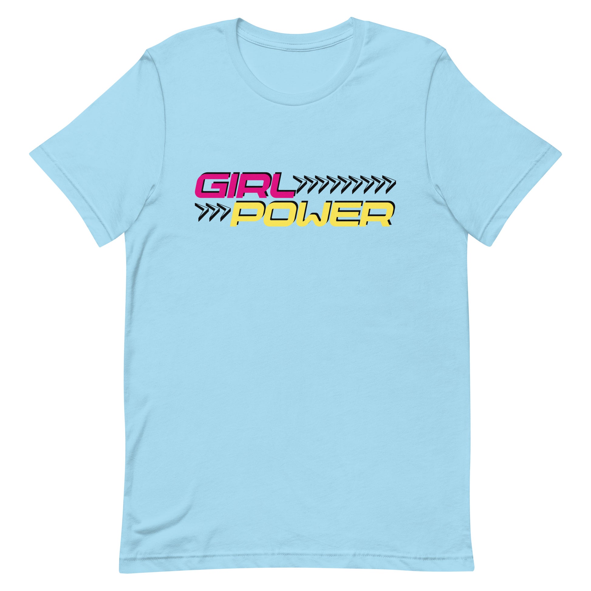 Blue t-shirt with 'GIRL POWER' text design in a rainbow-colored gradient on the front.
