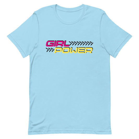 Blue t-shirt with 'GIRL POWER' text design in a rainbow-colored gradient on the front.
