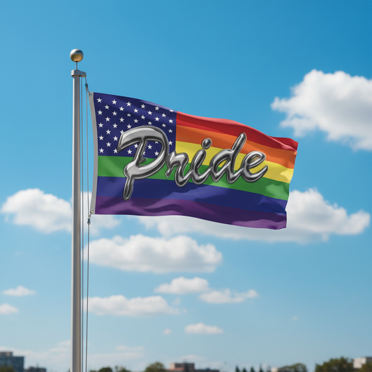An American flag with rainbow strips and the text 'pride' in silver across the middle on a pole flying outdoors against a blue sky with clouds. The flag combines a USA flag with an LGBTQ pride flag