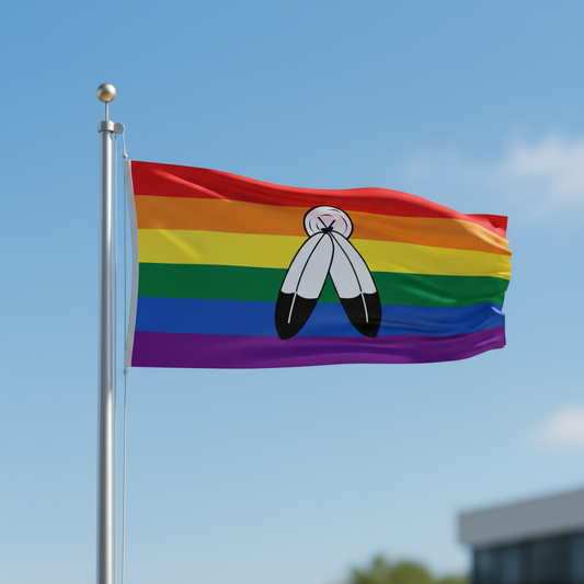 rainbow striped flag with native american indigenous feathers in center, flying from a flag pole against a clear blue sky