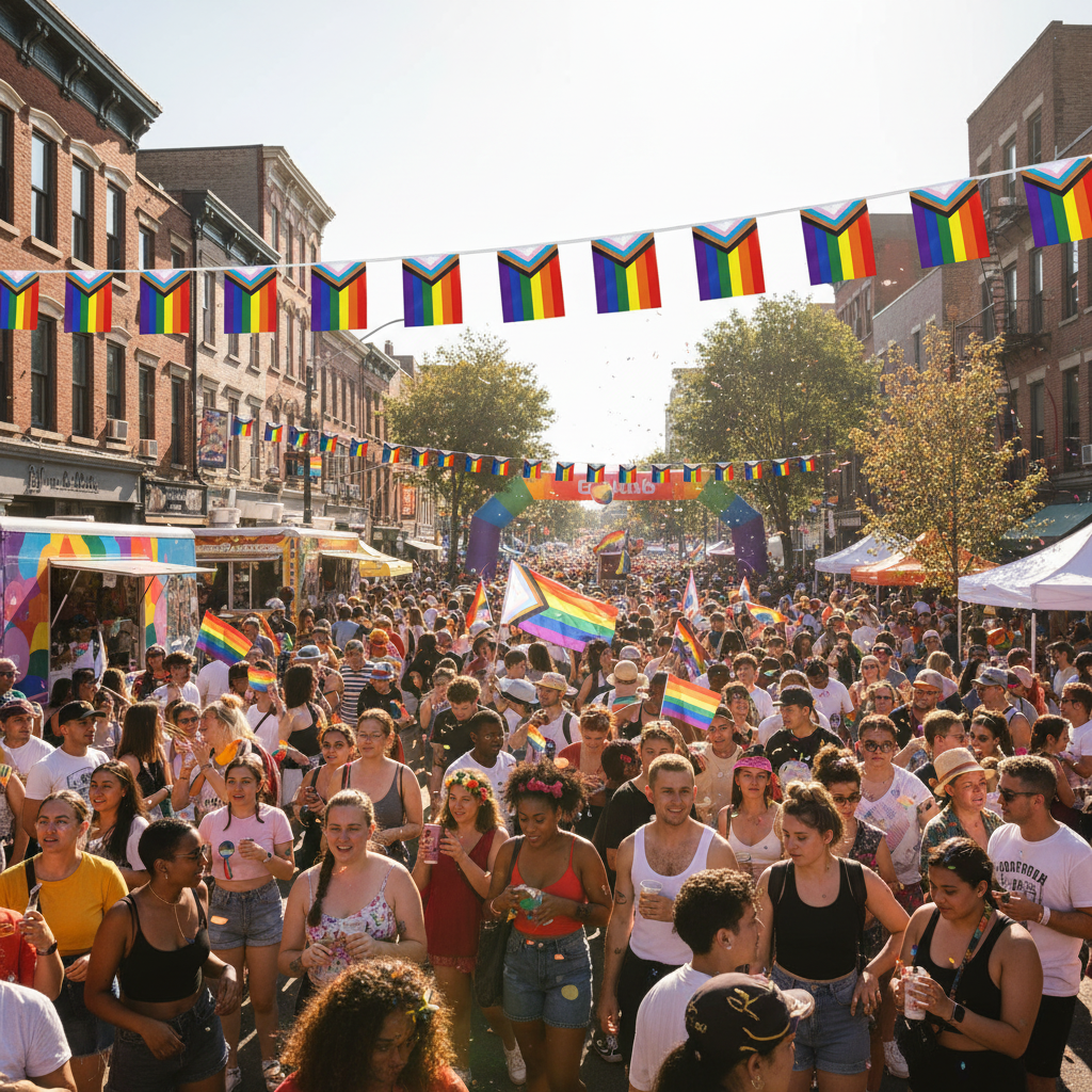 A crowded outdoor street festival with many people walking under rainbow pride flags strung across the scene. Brick buildings line both sides of the street, and several rainbow arches and tents are visible in the background.