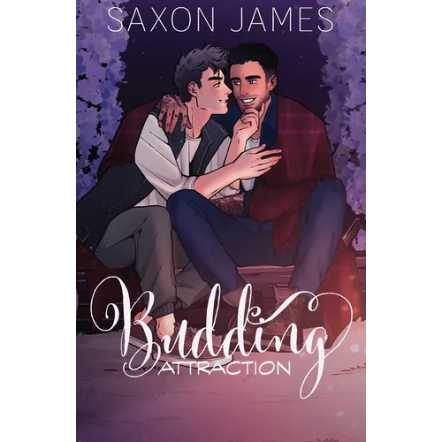 Book cover of 'Budding Attraction' by Saxon James featuring two characters sitting close together.