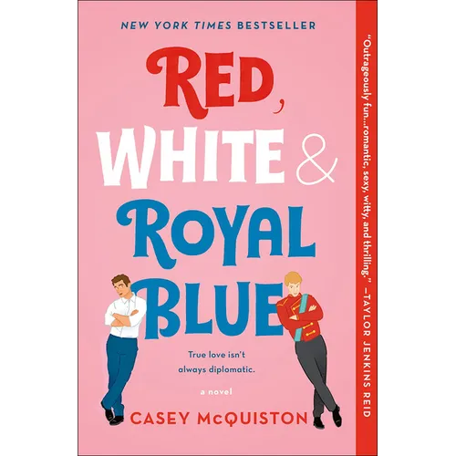 Book cover of 'Red, White & Royal Blue' with two people on a pink background