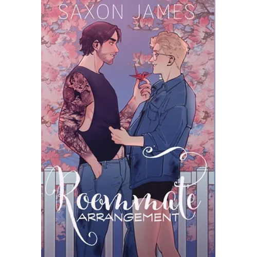 Book cover of 'Roommate Arrangement' by Saxon James with two illustrated characters against a floral background.