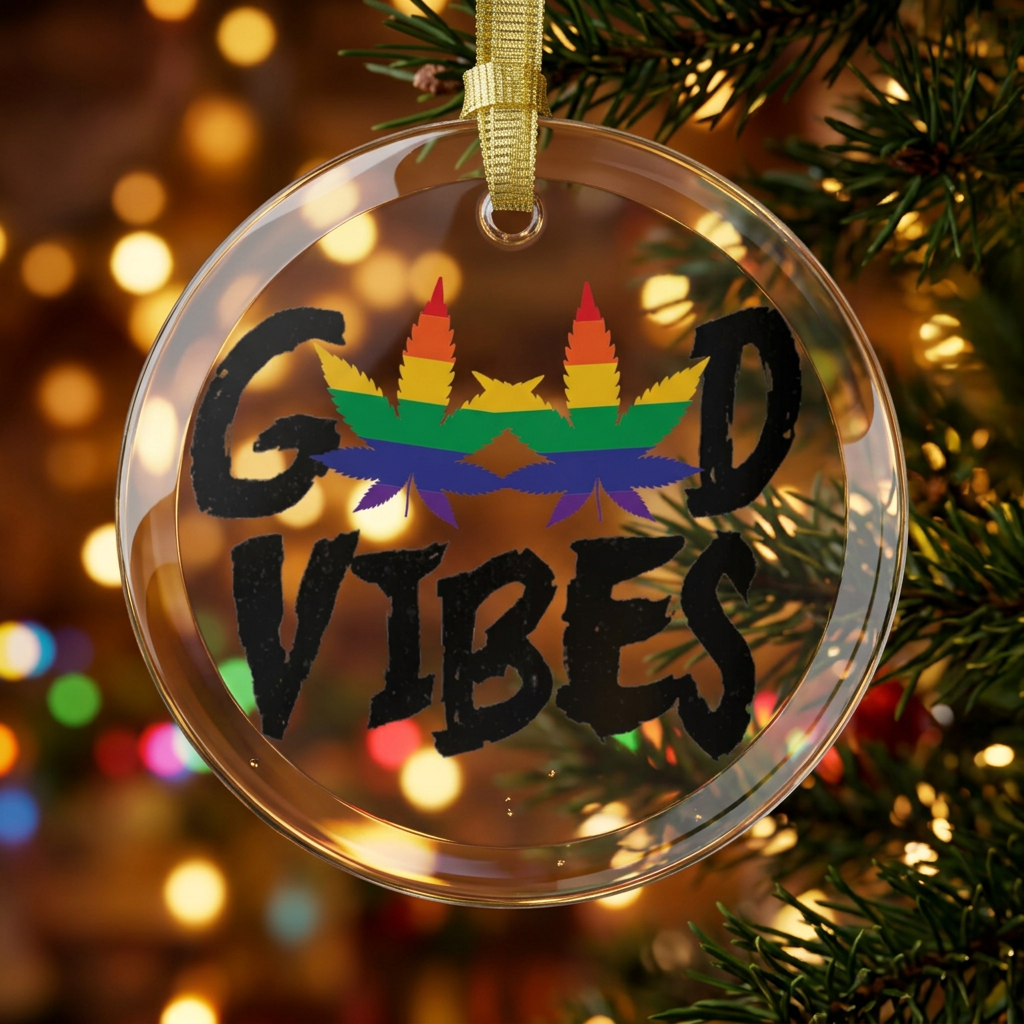Round crystal clear holiday ornament with black text 'Good Vibes' and rainbow cannabis leaves hung from a Christmas tree with lights from a gold ribbon