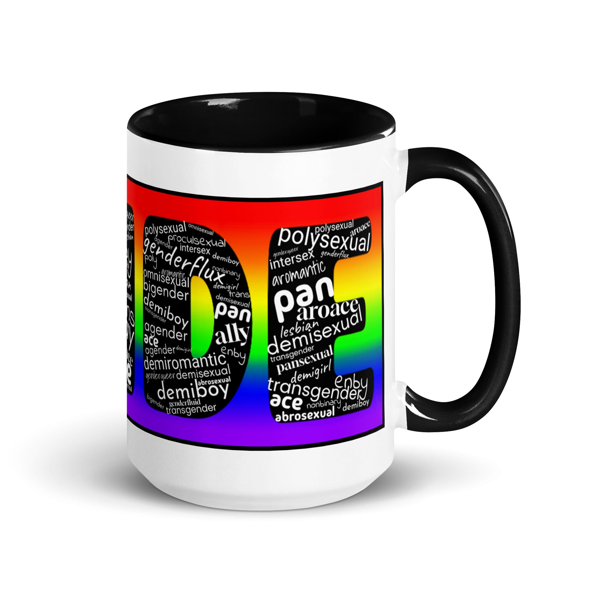 LGBTQ Inclusive Pride Coffee Tea Mug with Color Inside Black 15 oz Pride lgbtq-inclusive-pride-coffee-tea-mug-with-color-inside-15-oz-right
