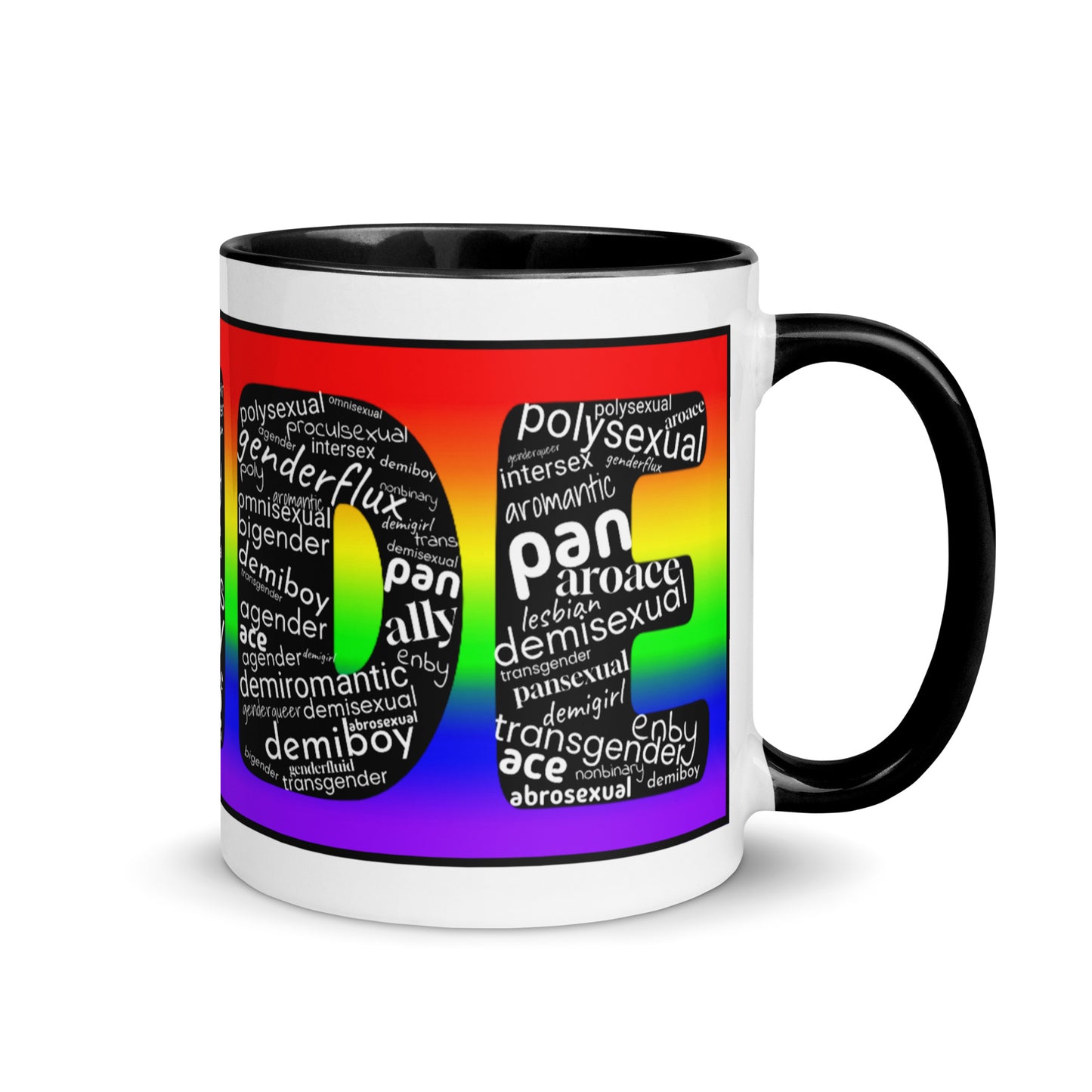 LGBTQ Inclusive Pride Coffee Tea Mug with Color Inside Black 11 oz Pride lgbtq-inclusive-pride-coffee-tea-mug-with-color-inside-black-11-oz-right