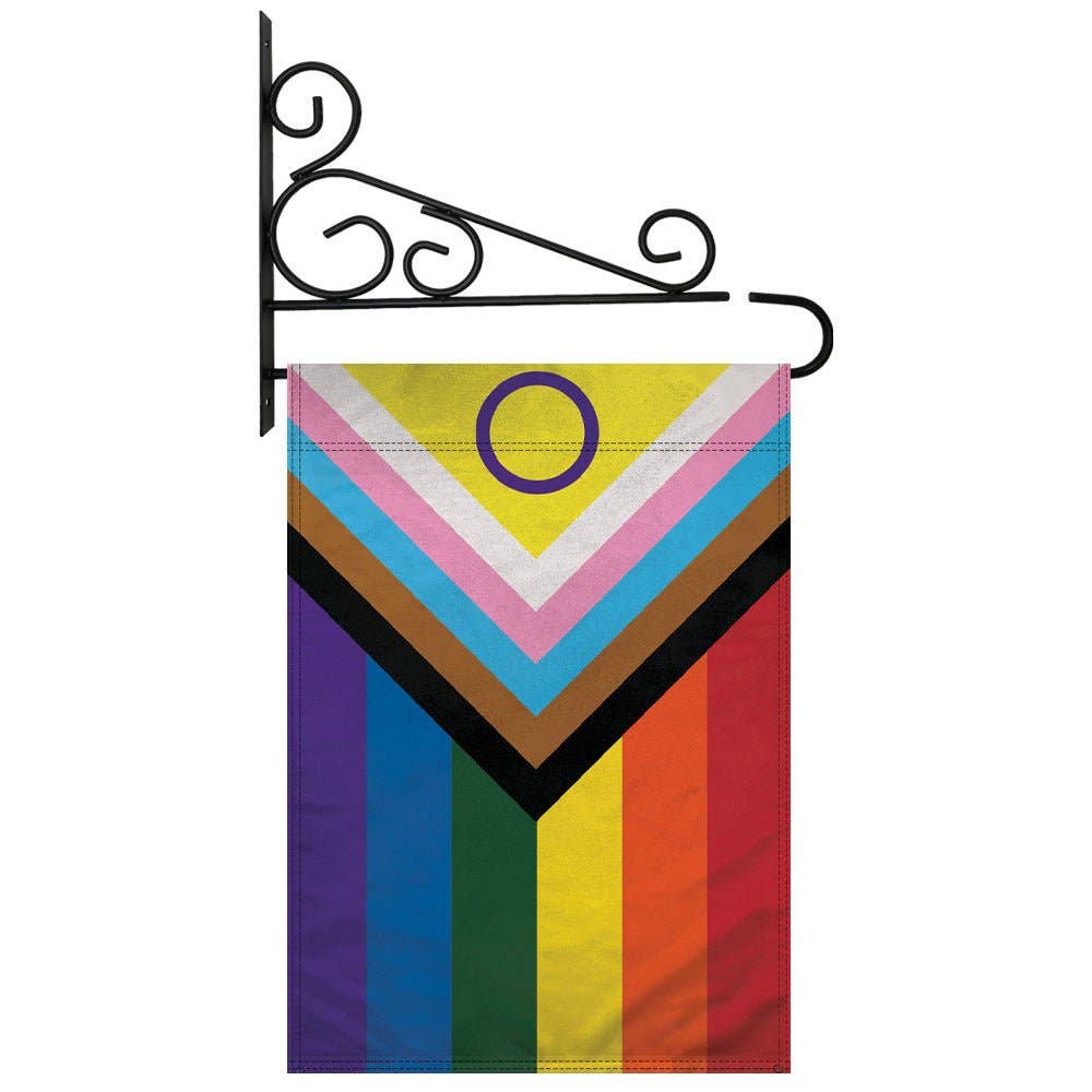 LGBTQ Inclusive Progress Pride Garden Flag 12x18in Pride Flag with Wall Bracket lgbtq-inclusive-progress-pride-garden-flag-12x18in-with-bracket
