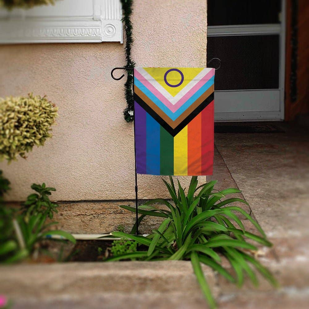 LGBTQ Inclusive Progress Pride Garden Flag 12x18in lgbtq-inclusive-progress-pride-garden-flag-12x18in-with-pole-lifestyle
