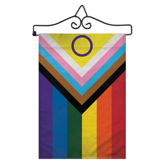 LGBTQ Inclusive Progress Pride Garden Flag 12x18in Pride Flag with Wall Hanger garden-flag-wall-hanger-black
