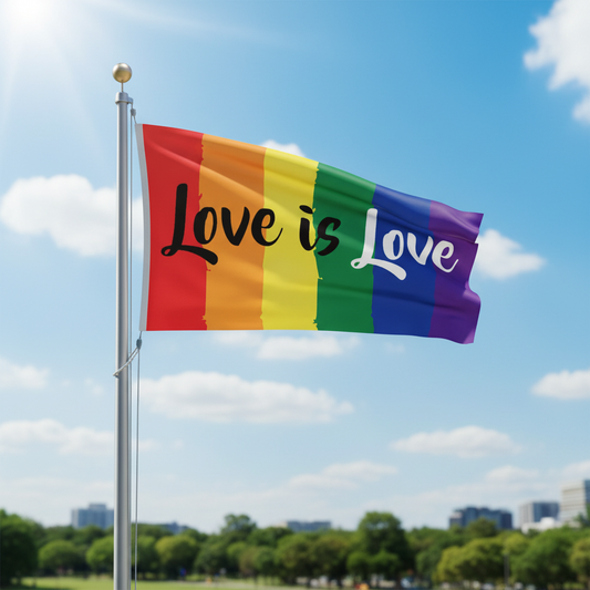 rainbow striped flag with text 'Love is Love' flying from a flagpole with a blue sky in background