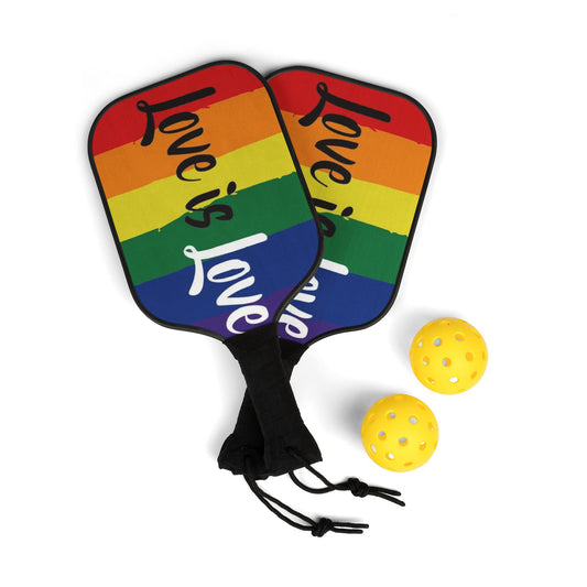 LGBTQ Love Is Love Rainbow Pickleball Paddle Set with Balls 7.5'' × 15.5'' Pride lgbtq-love-is-love-rainbow-pickleball-paddle-set-with-balls-front