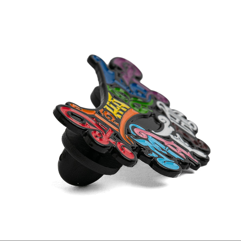 Colorful lgbtq pride enamel lapel pin on side showing back clasp