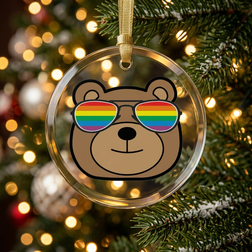 Round clear glass holiday ornament with a bear face wearing rainbow colored sunglasses. The ornament is attached to a christmas tree with lights