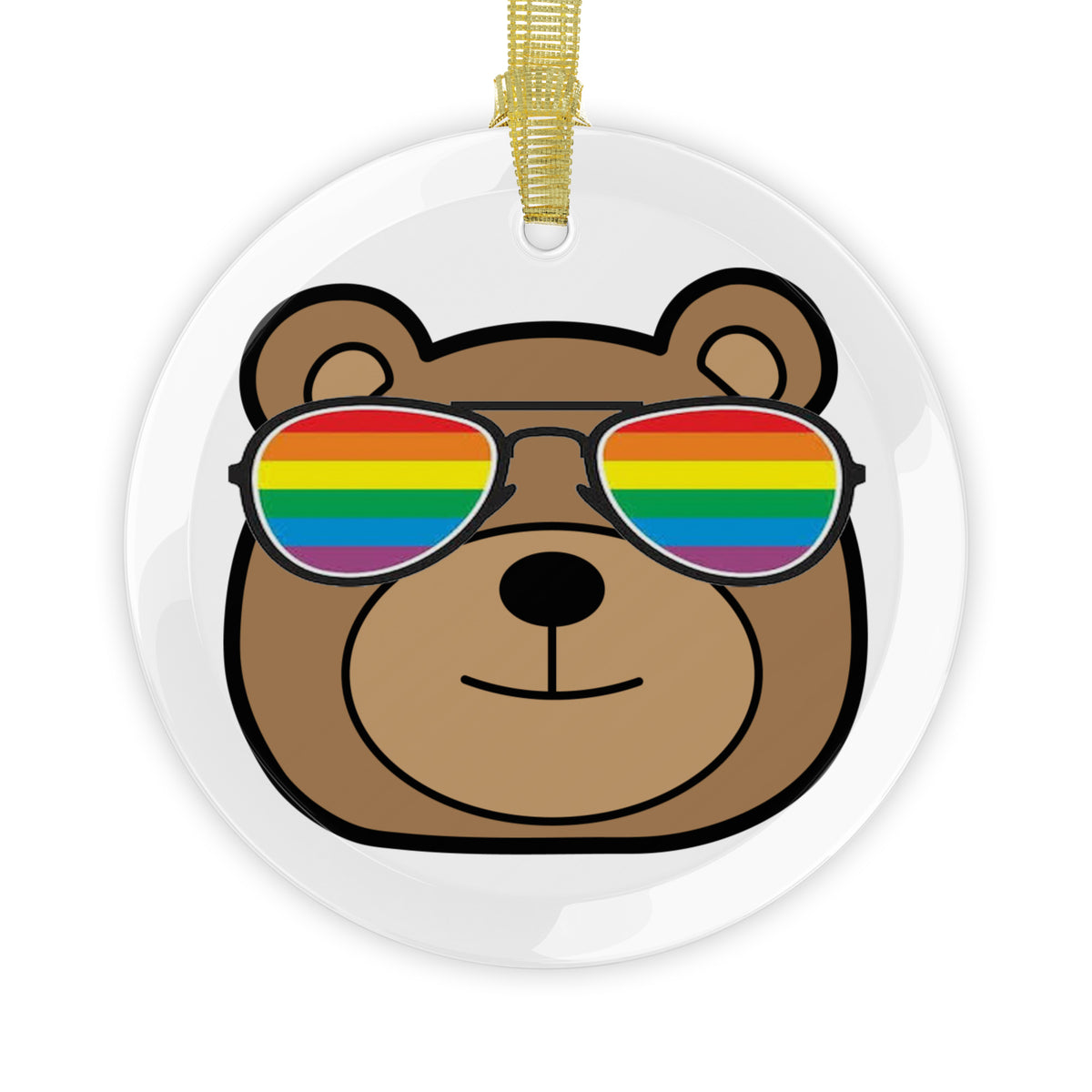 Round clear glass holiday ornament with a bear face wearing rainbow colored sunglasses
