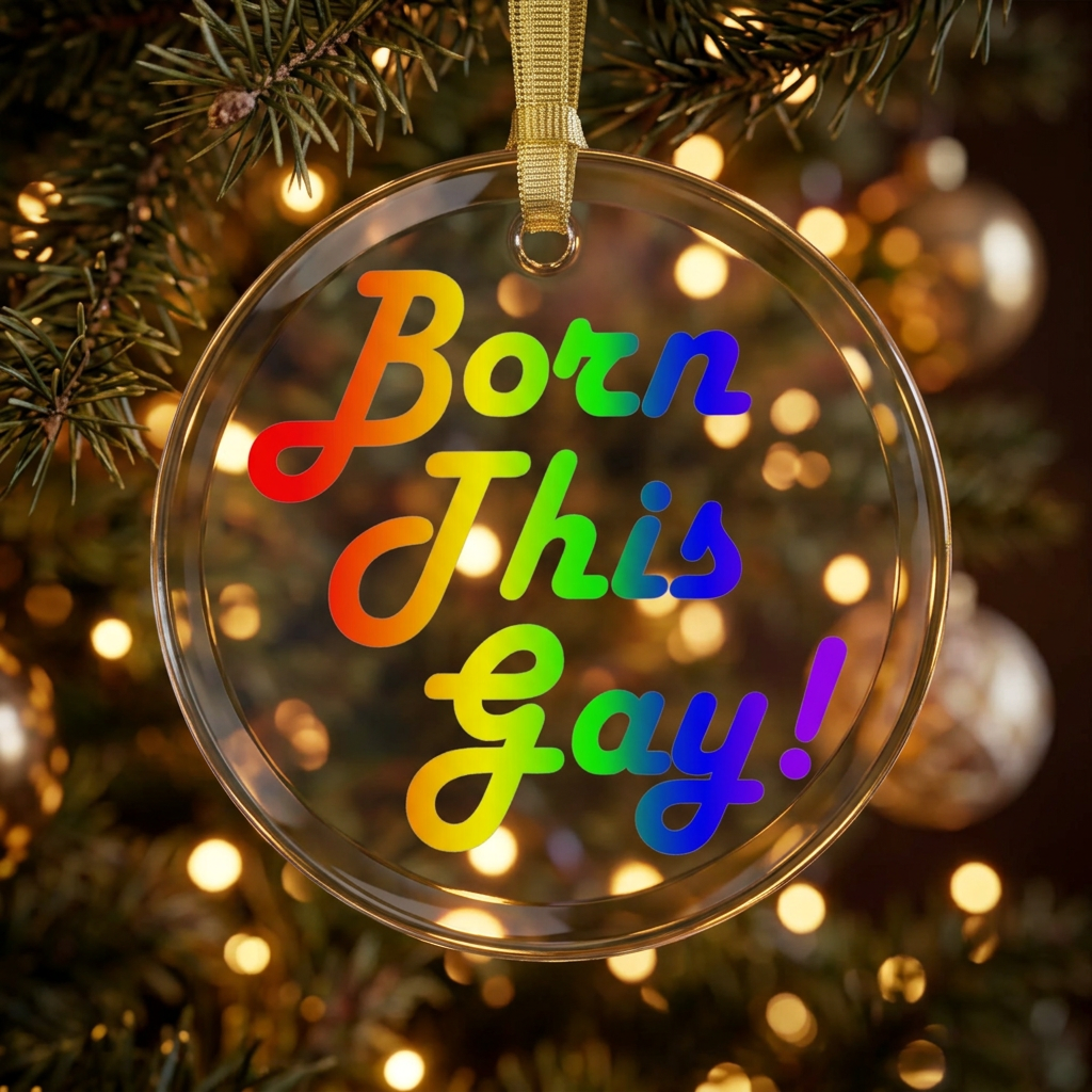 Round crystal clear glass holiday ornament with rainbow text that reads 'Born This Gay!' hanging by a gold ribbon on a Christmas tree with lights