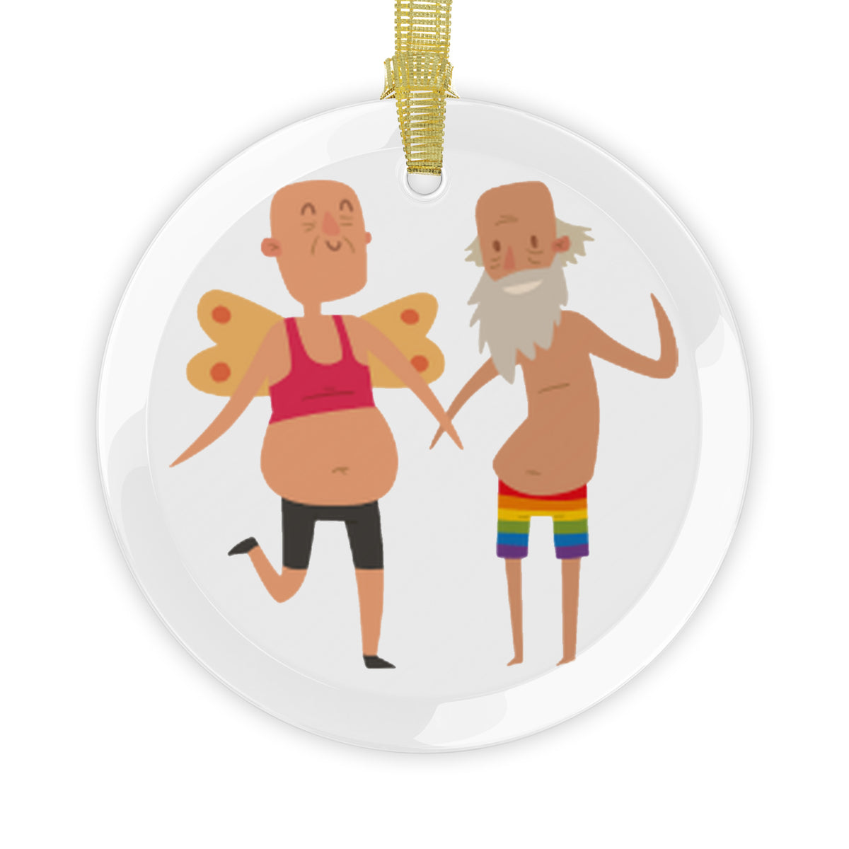Glass holiday ornament of two older men holding hands. One has angel wings and the other is wearing rainbow pride shorts