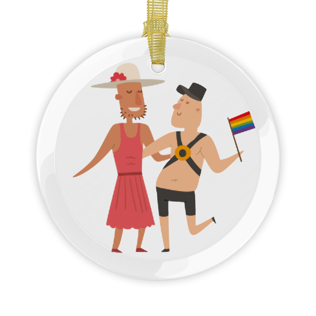 glass holiday ornament of two men dancing, one wearing a hat dress and the other wearing a leather harness and carrying an lgbtq rainbow pride flag