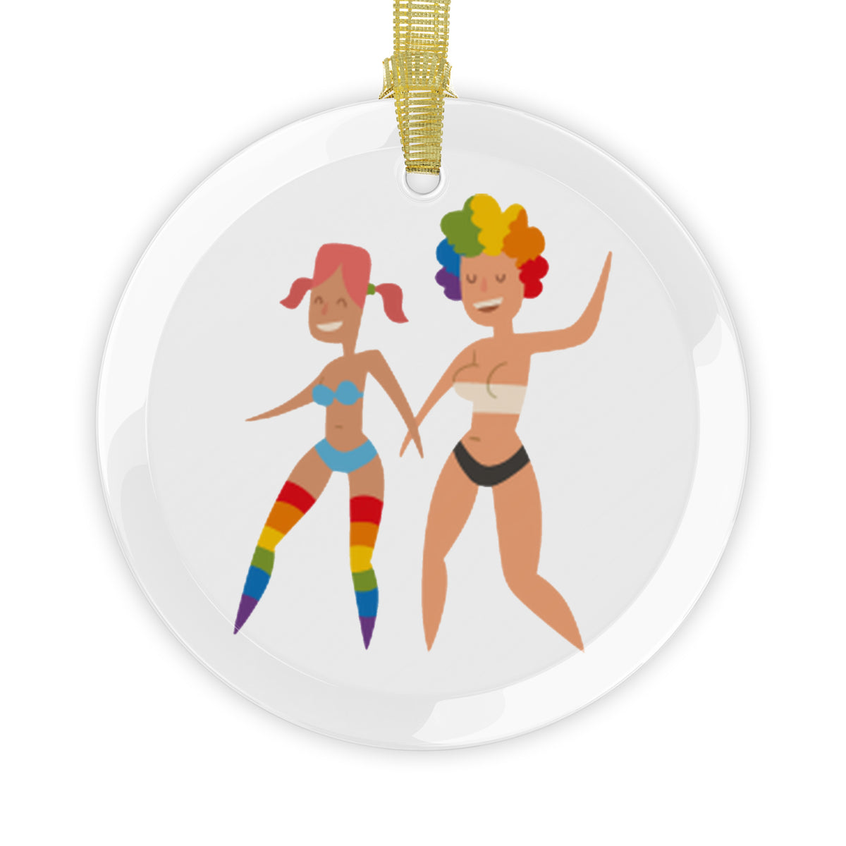 glass holiday ornament of two women holding hands.  Both are wearing swimsuits, one has pink hair and rainbow colored stockings and the other has rainbow colored hair.
