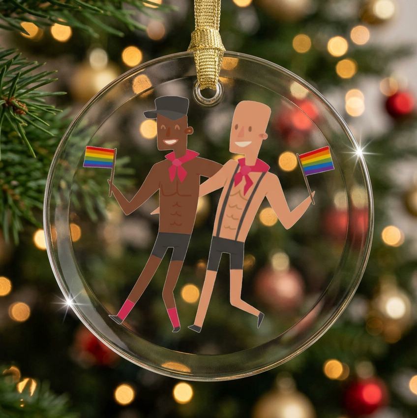 Glass holiday ornament on a christmas tree of two men with arms wrapped around each other.  Both carrying LGBTQ rainbow pride flags