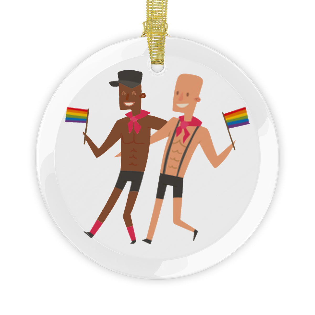 Glass holiday ornament of two men with arms wrapped around each other.  Both carrying LGBTQ rainbow pride flags
