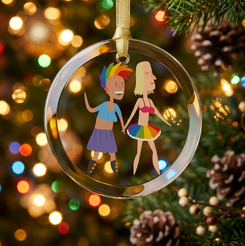 Glass holiday ornament hanging on a christmas tree of two women holding hands.  One is wearing a crop top with a skirt and has rainbow colored hair.  The other is wearing a rainbow colored skirt.