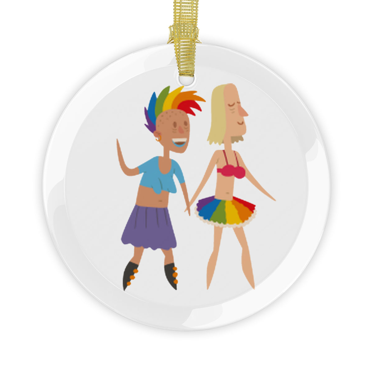 Glass ornament of two women holding hands.  One is wearing a crop top with a skirt and has rainbow colored hair.  The other is wearing a rainbow colored skirt.
