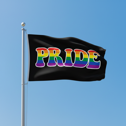A black flag on a silver flagpole featuring the word 'PRIDE' in large rainbow-colored letters with a white outline, set against a clear blue sky.