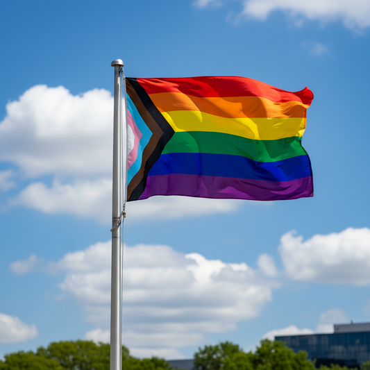 A rainbow pride flag with a black, brown, and pink triangle at the hoist, flying on a silver flagpole against a blue sky with white clouds.