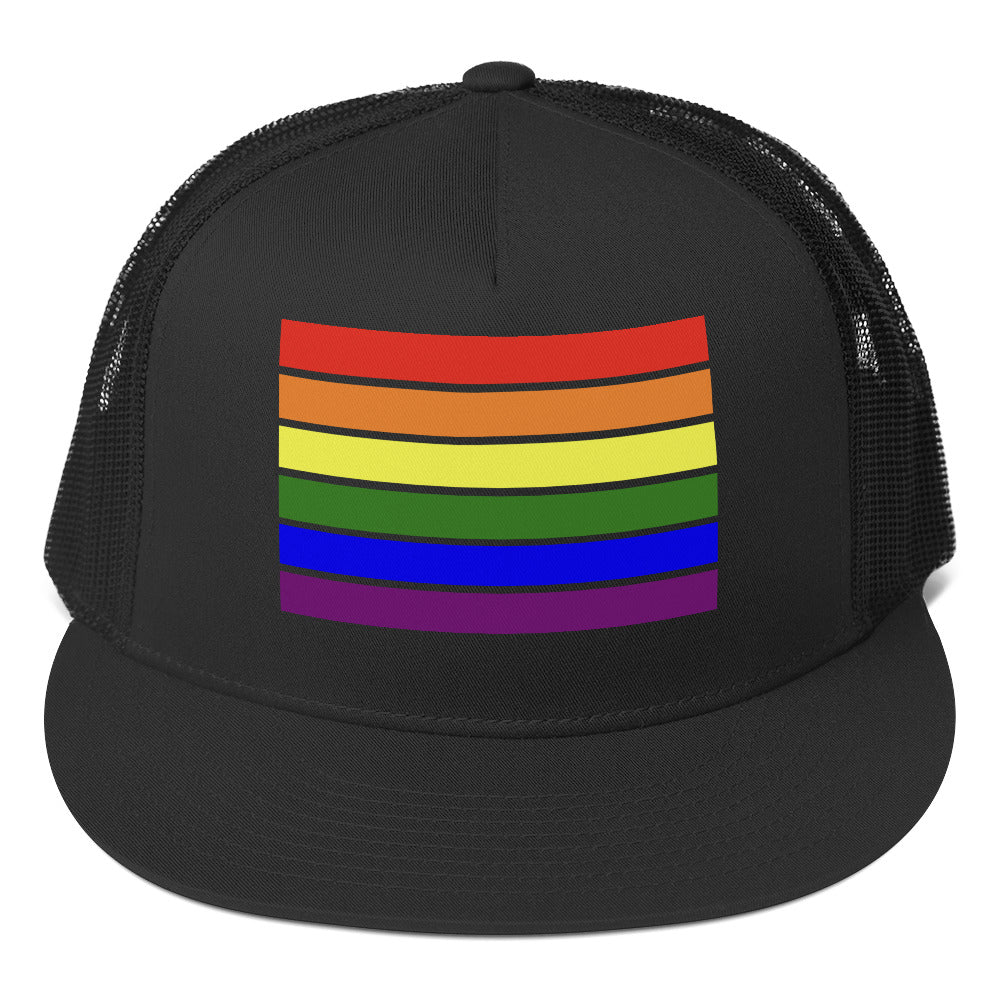 LGBTQ Pride Flag Trucker Cap Black Pride lgbtq-pride-flag-trucker-cap-hat-black-front