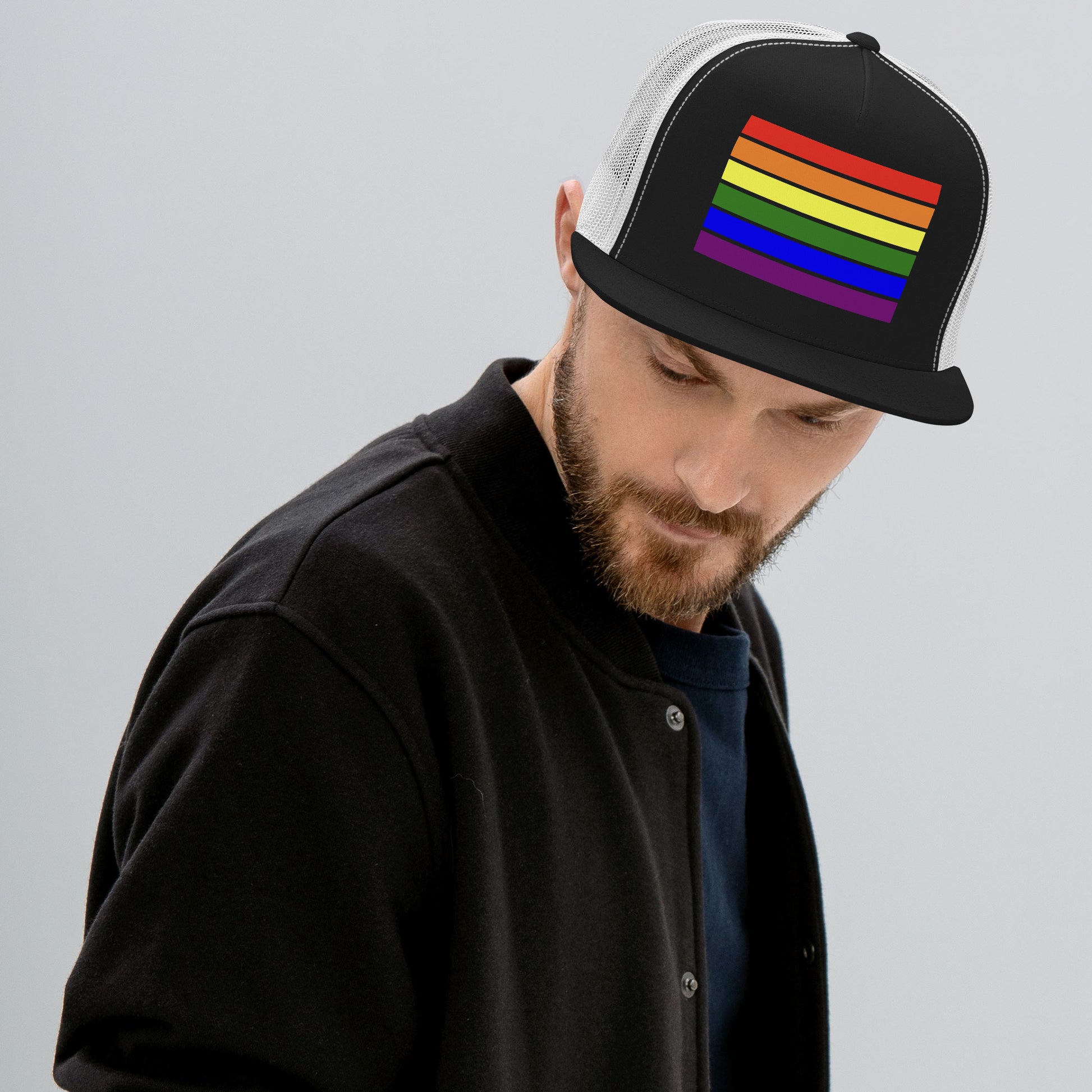 LGBTQ Pride Flag Trucker Cap lgbtq-pride-flag-trucker-cap-hat-black-white-front-lifestyle