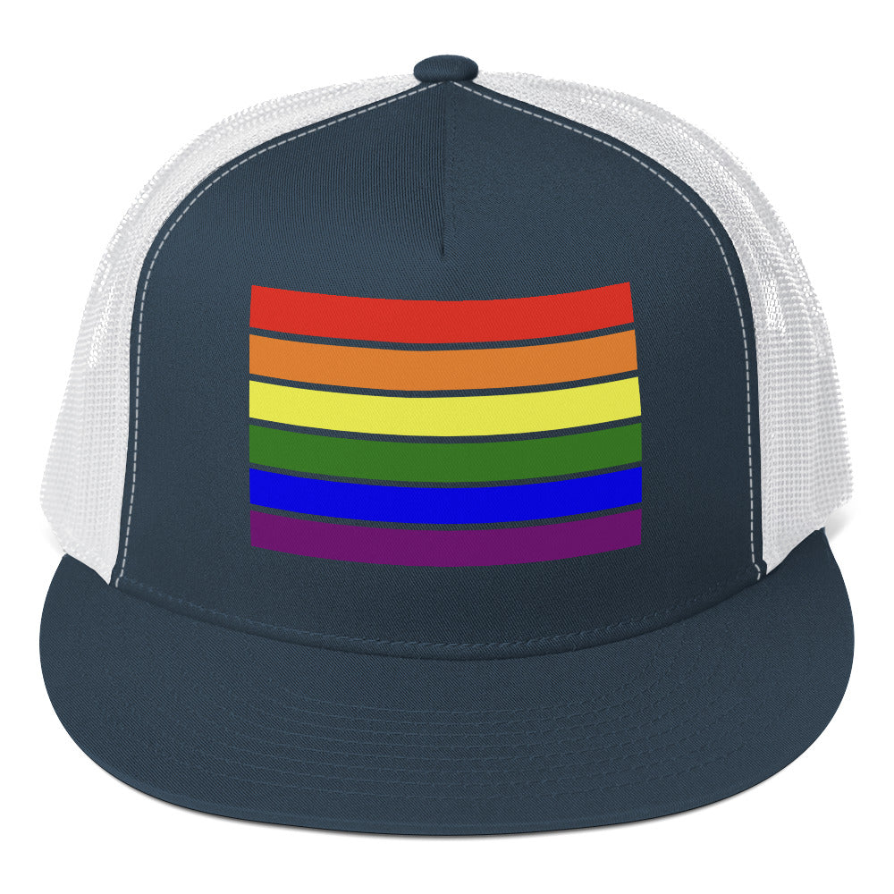 LGBTQ Pride Flag Trucker Cap Navy White Pride lgbtq-pride-flag-trucker-cap-hat-navy-white-front