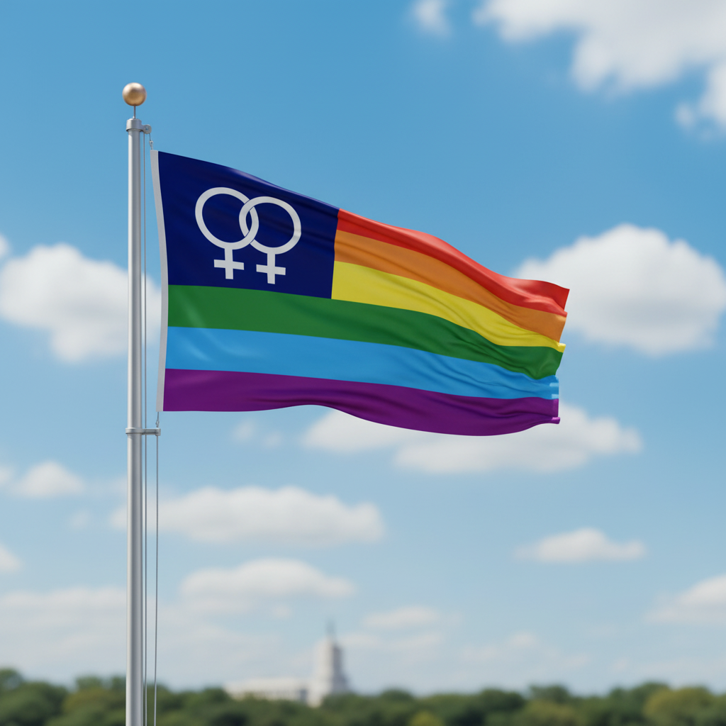 An LGBTQ pride American flag with the double-gender symbol in the canton, waving on a silver flagpole against a bright blue sky with white clouds.