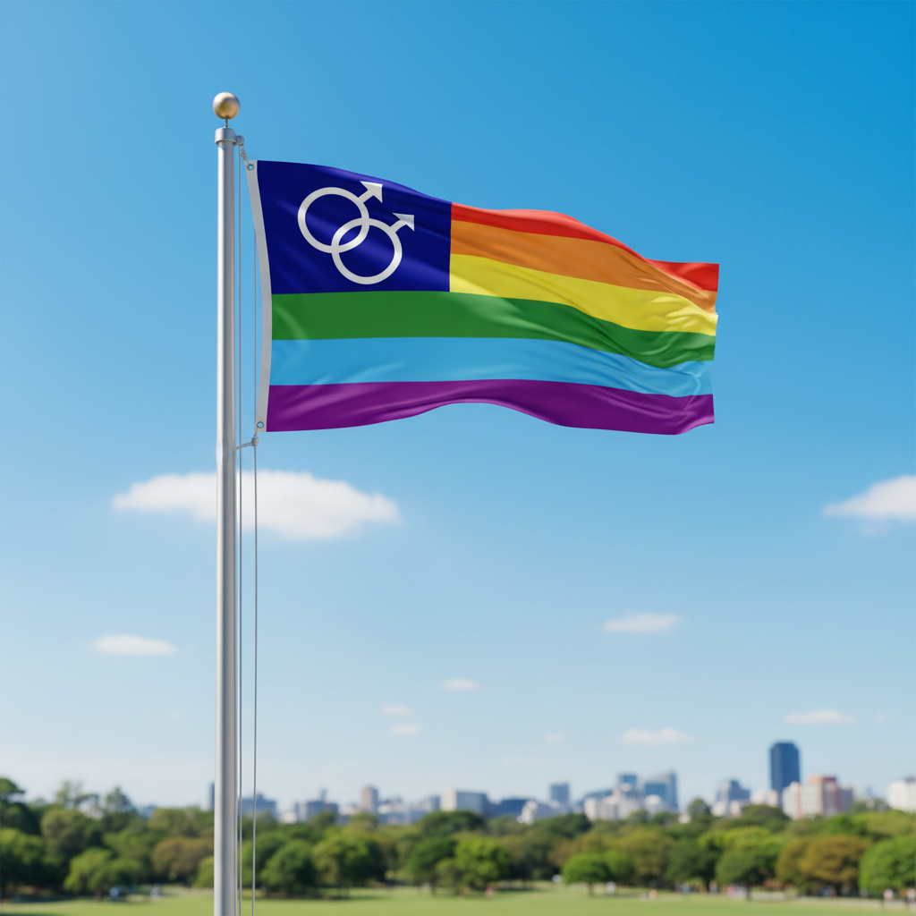 A USA styled LGBTQ pride flag with two male symbols in the canton on a silver flagpole, waving in an outdoor park setting with a blurred city skyline and blue sky in the background.