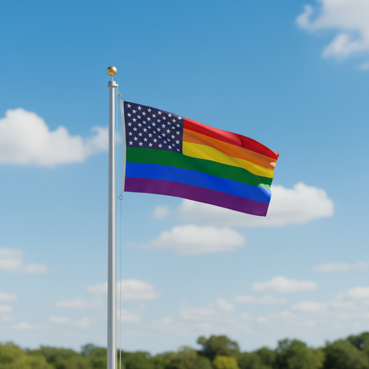A rainbow pride flag with a blue star-spangled canton and rainbow strips, flying on a silver flagpole against a bright blue sky with white clouds and a blurred green tree line below.