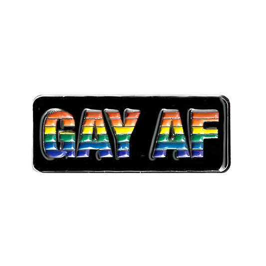 LGBT pride rainbow-colored 'GAY AF' pin on a black background