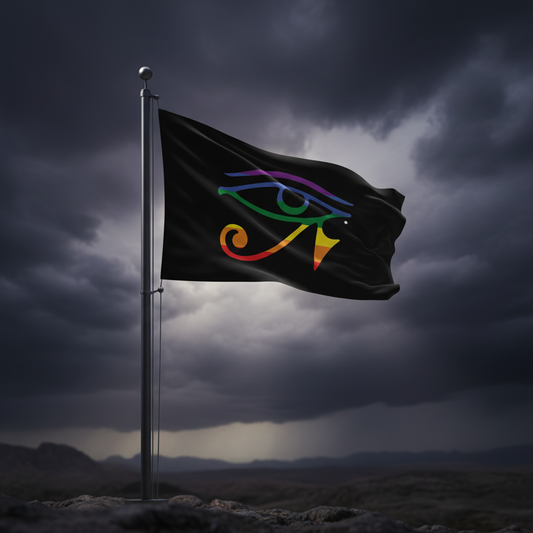 A black flag on a silver flagpole, featuring a stylized multicolor eye design, shown waving against a dramatic stormy sky over a rocky landscape.