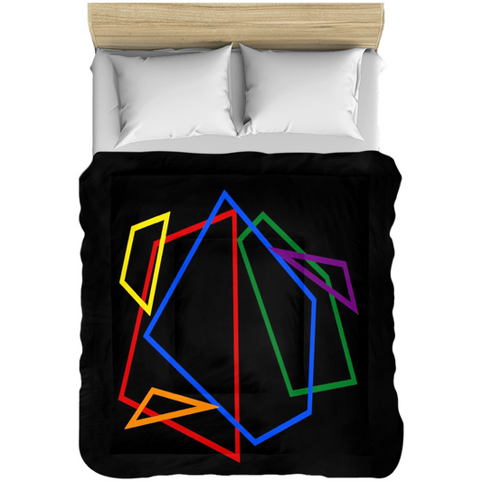 black bedspread comforter in black with a rainbow geometric design