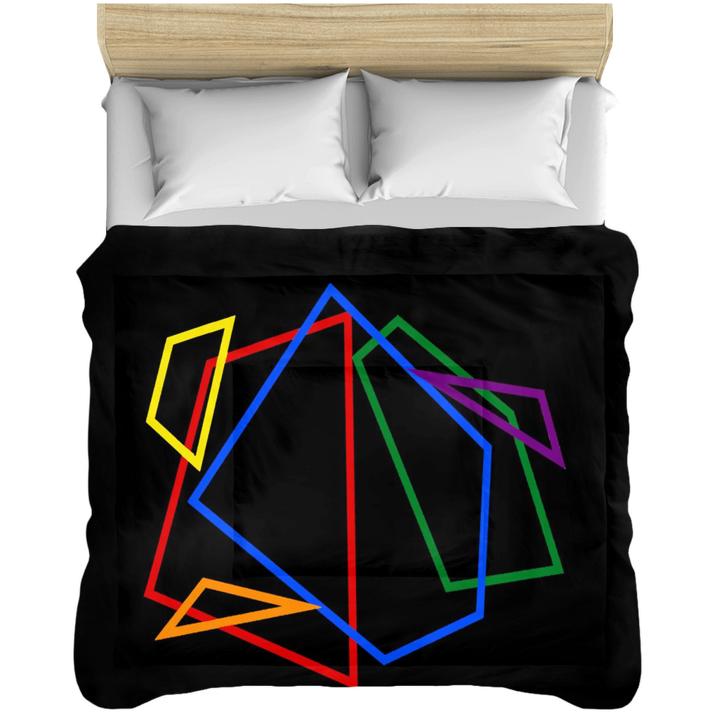 Black duvet cover with rainbow geometric design on a bed.