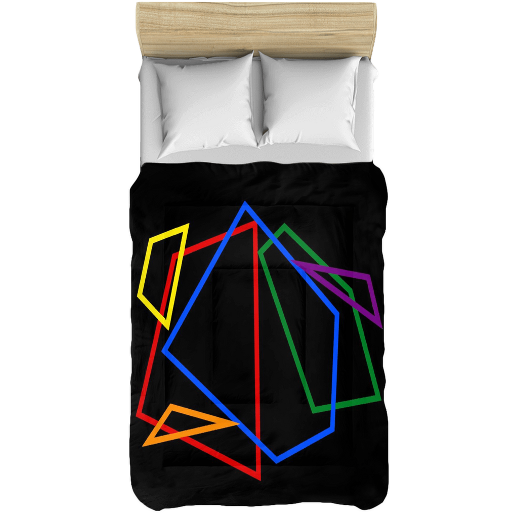 bed comforter in black with rainbow geometric design