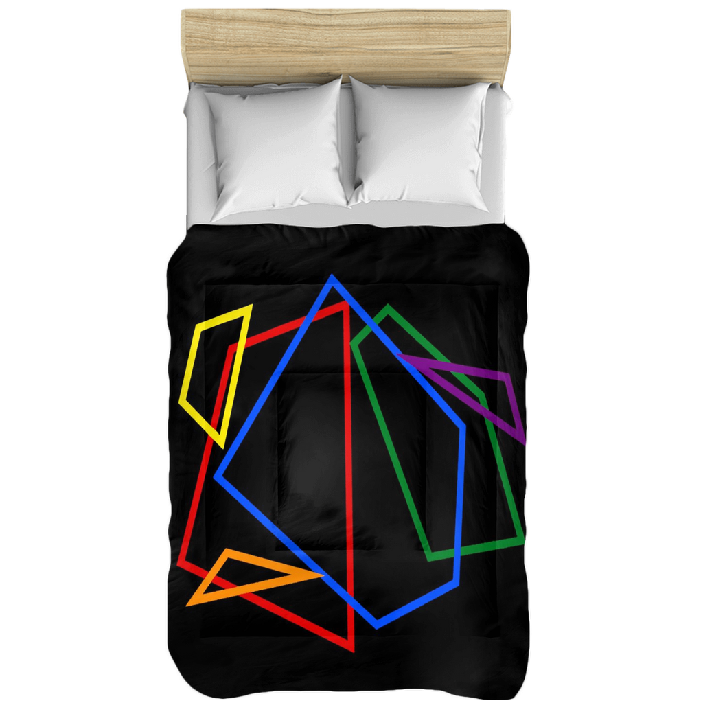 black comforter with a geometric rainbow design