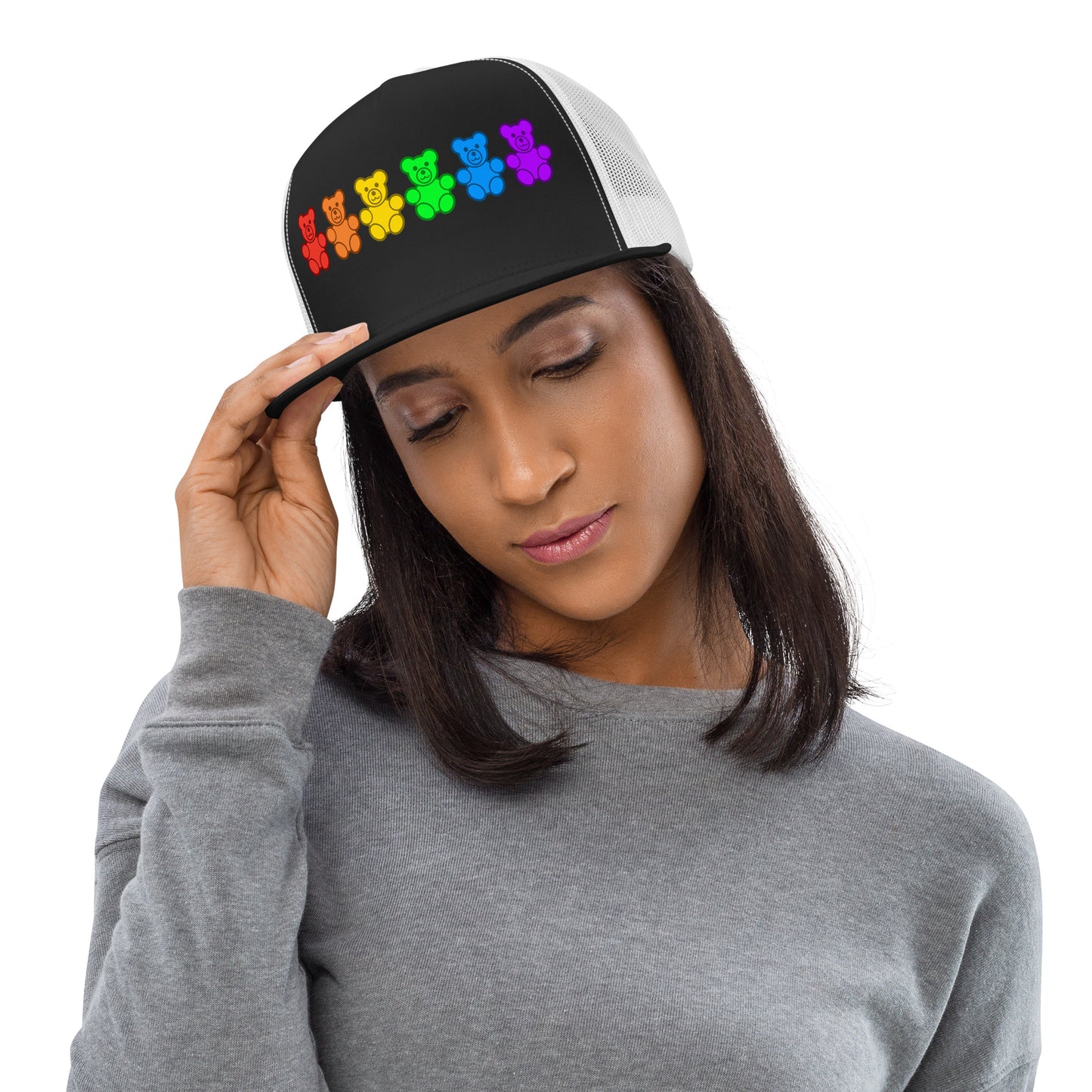 LGBTQ Pride Gummy Bear Trucker Cap lgbtq-pride-gummy-bear-trucker-cap-hat-black-white-front-lifestyle