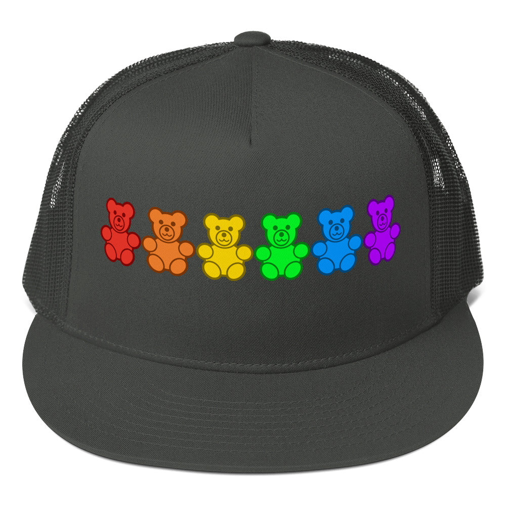 LGBTQ Pride Gummy Bear Trucker Cap Charcoal Pride lgbtq-pride-gummy-bear-trucker-cap-hat-charcoal-front