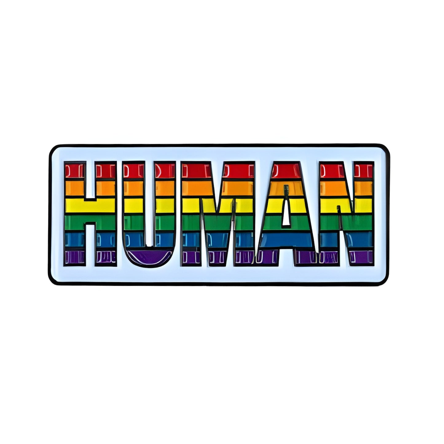 LGBTQ Pride rainbow-colored 'HUMAN' lapel pin on a white background