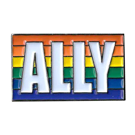 LGBT pride rainbow striped lapel pin with the word 'ALLY' on a white background