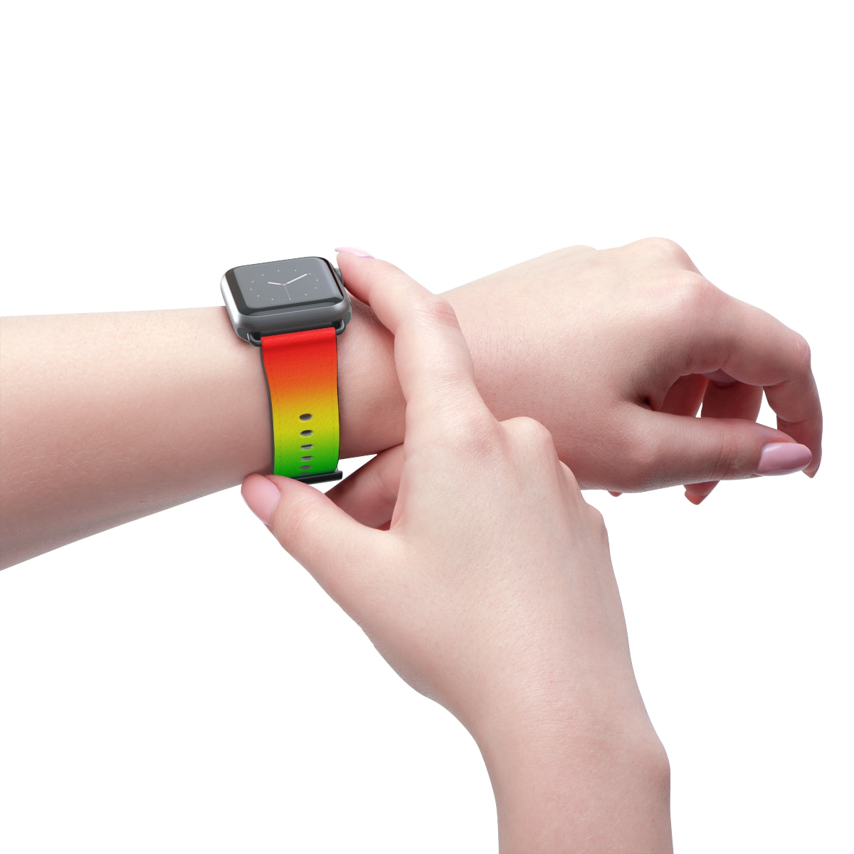LGBTQ Pride Rainbow Apple Watch Band Strap In Ombre worn on wrist
