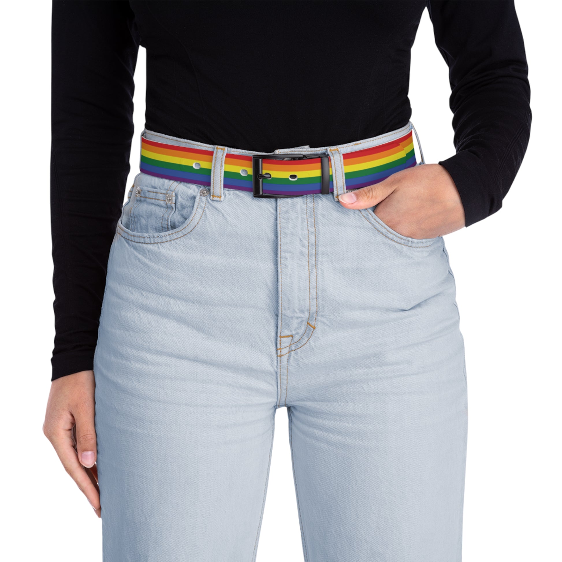 Person wearing a rainbow lgbtq pride belt with a black long-sleeve shirt and light blue jeans on a white background